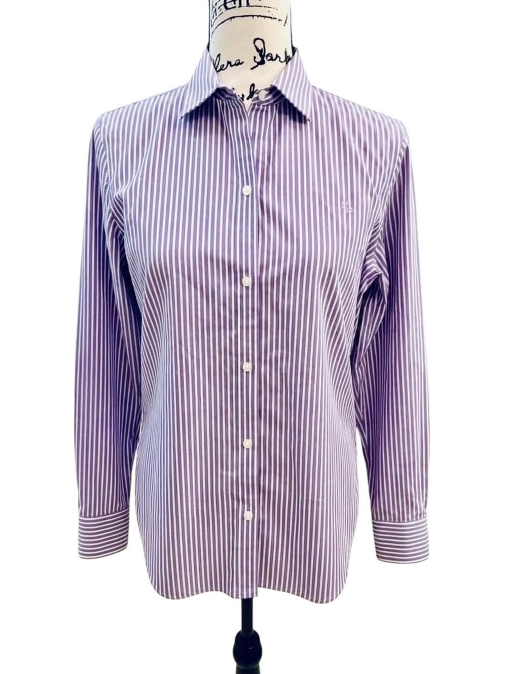 Lauren Ralph Lauren Purple White Striped Button Down Shirt LRL Logo EUC
